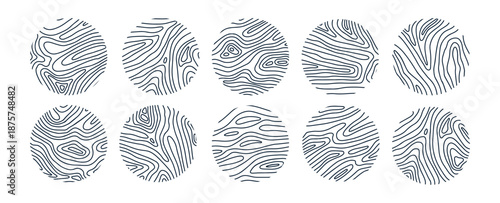Set of abstract line art designs featuring tree wood textures. Linear hand drawn vector illustration.