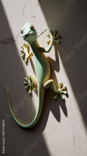 Artistic gecko depiction with climbing stance and sandy texture, styled on cracked surface with directional light that emphasizes form, movement, and tactile detail.