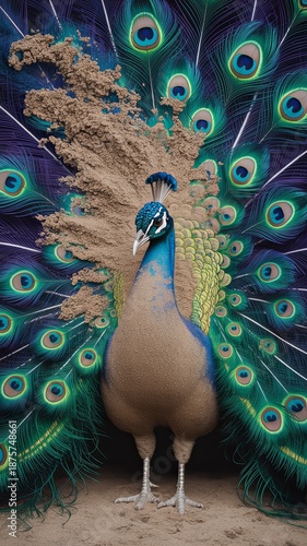 Surreal peacock figure with bold tail spread, sandy trunk, and vivid feather details, styled in gradient hues that evoke movement, elegance, and symbolic transformation.