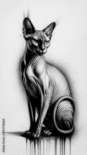 Fantasy-style hairless cat portrait with abstract duplicates and expressive posture, set against a moody splatter composition with layered visual depth.