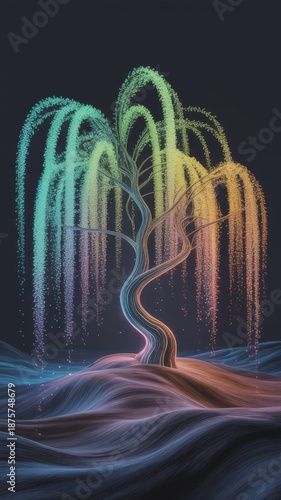 Artistic gradient tree with cascading colorful branches and abstract fluid ground, rendered in luminous tones that evoke movement, depth, and symbolic transformation.
