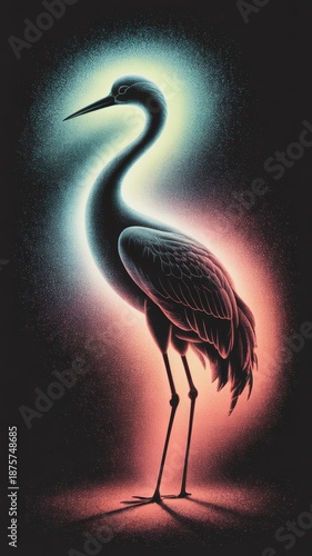 Monochrome bird figure with vibrant gradient glow around body and legs, styled in a mystical setup with high contrast and ethereal lighting.