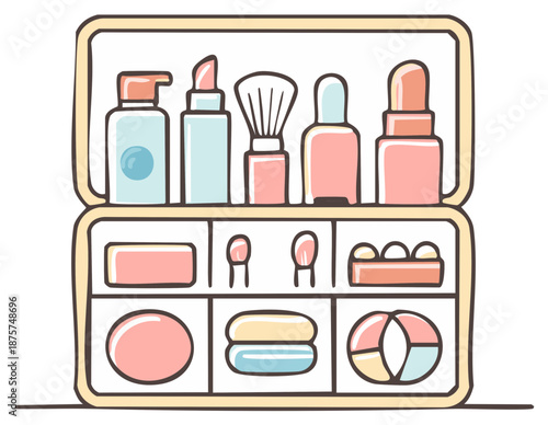 Open cosmetic organizer filled with hand drawn beauty products and makeup essentials