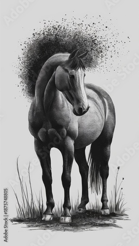 Artistic monochrome horse with grounded stance and flowing black burst, rendered in grayscale with tactile texture and surreal visual rhythm.