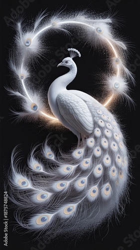 Artistic white peacock with elaborate feather swirl, soft eye motifs, and radiant plumage, rendered in pale tones that contrast dramatically with the dark void.