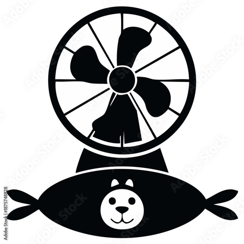 Whimsical black and white vector icon featuring a classic desk fan above a playful bear seal.