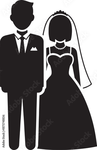 Black and white of a bride and groom in formal wedding attire line bride