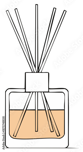Aromatic diffuser with sticks in a glass bottle releasing scent for home fragrance and relaxation