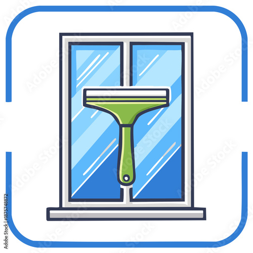 Green squeegee cleaning a clear window flat illustration for home or professional service