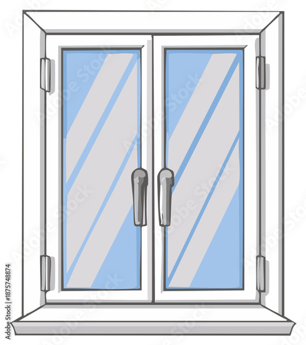 Illustration of closed double hung window with handles and bright daylight shining through