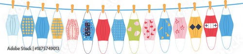 Colorful patterned face masks hanging on clothesline, fabric protective design, stripes polka dots floral geometric prints, health safety hygiene vector art