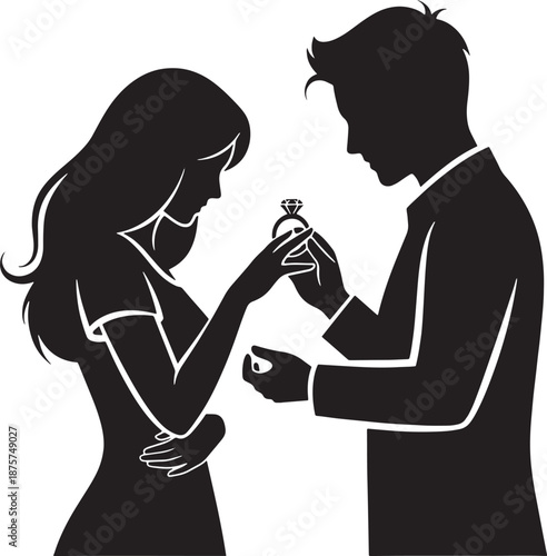 Black and white of a couple with a diamond ring proposal silhouette