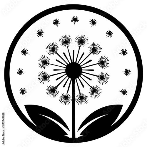 Stylized dandelion flower silhouette with seeds blowing in the wind icon