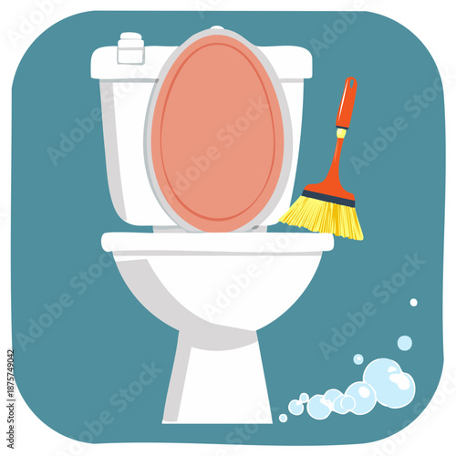 White toilet bowl with coral pink seat and toilet brush with cleaning bubbles