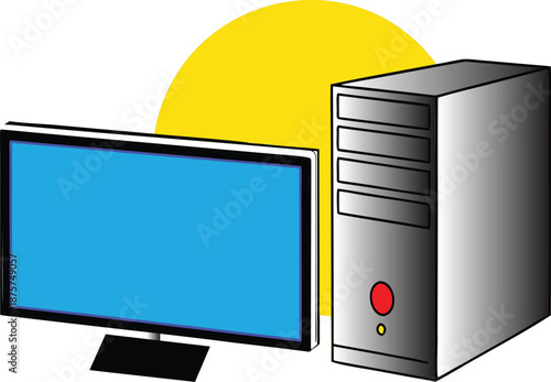 Classic desktop computer illustration featuring a monitor with a blue screen and a cpu tower