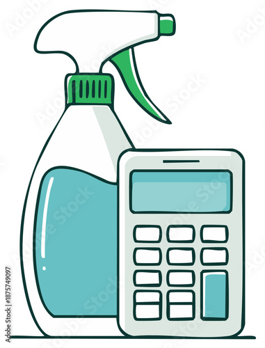Illustration of cleaning spray bottle with liquid and calculator for calculations