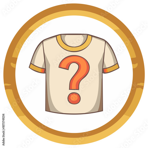 T-shirt with question mark inside gold circle graphic, uncertainty, quiz, asking