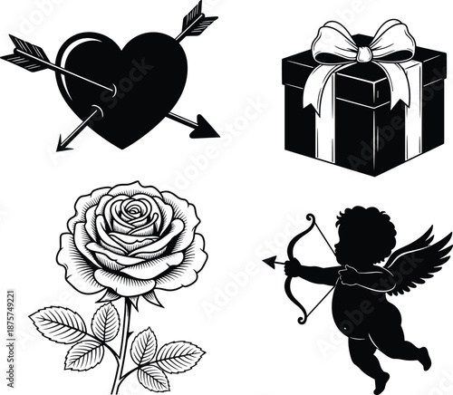 Heart with arrows, gift box, rose flower, cupid silhouette, romantic artwork, love symbol, Valentine’s theme, passion illustration, affectionate design