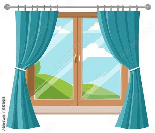 Window View with Blue Curtains, Cloudy Sky and Green Hills
