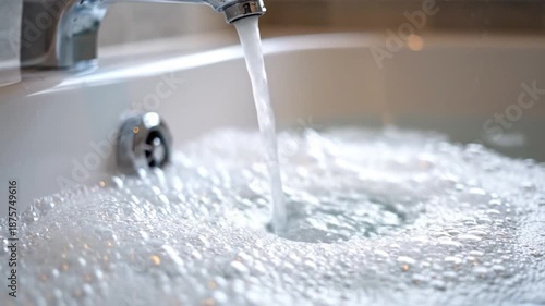 Water flowing from a faucet into a white sink filling up.