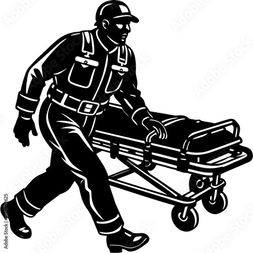Emergency Paramedic Pushing Stretcher – Medical Rescue Illustration