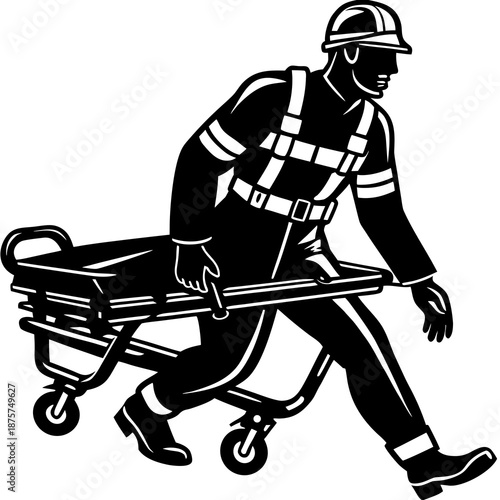 Emergency Paramedic Pushing Stretcher – Medical Rescue Line Art Illustration