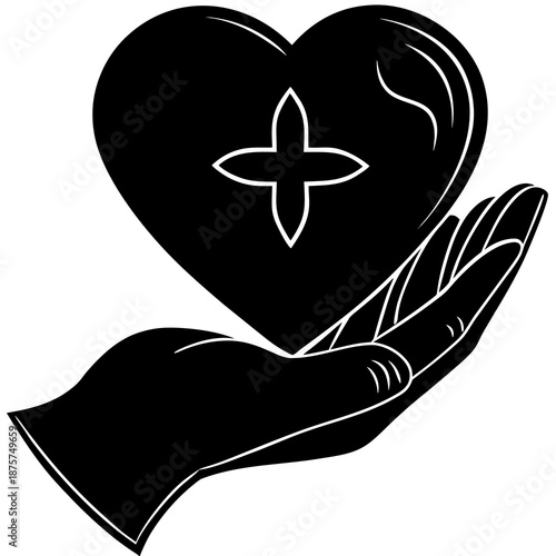 Heart with Cross Symbol in Hand – Medical Care Line Art Illustration
