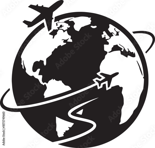 Black and white of a whiskered cat wrapped around a globe with two airplanes