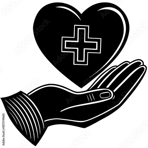 Heart with Medical Cross in Hand – Healthcare Protection Icon Illustration