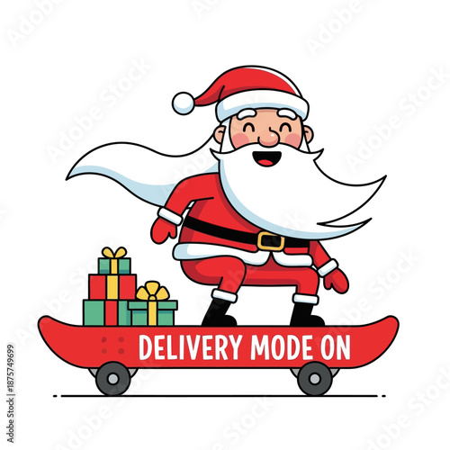 Santa Claus on Skateboard Delivering Gifts, Delivery Mode On, Christmas Holiday Fun