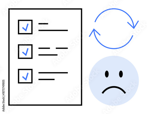 Workflow management. Checklist with marked tasks, update cycle, and sad face icon task load. Workflow streamlining, task prioritization, productivity, stress management, time optimization