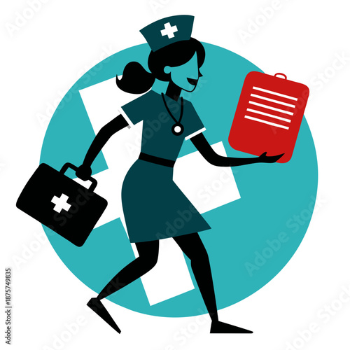 Professional Nurse Walking with Medical File – Healthcare Vector Illustration