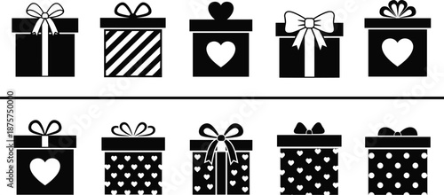 gift, box, icon, set, black, silhouette, present, collection, ribbon, bow, vector, illustration, isolated, decoration, celebration, birthday, christmas, holiday, package, design
