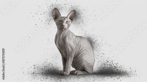 Surreal Sphynx cat rendering with metallic skin folds and intense gaze, framed by artistic background echoes and dynamic paint textures.