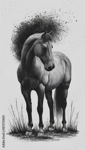 Stylized standing horse with sculpted body contours and soft shadows, set against a backdrop of ink particles that evoke motion, contrast, and artistic symbolism.