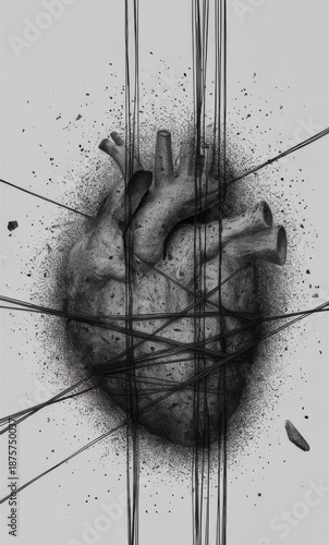 Detailed heart illustration with constricting cords and chaotic splatter effects, rendered in monochrome to emphasize emotional conflict and visual drama.