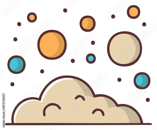 Abstract graphic of clouds and planets creating a cartoonish space scene with dark brown and orange outlining