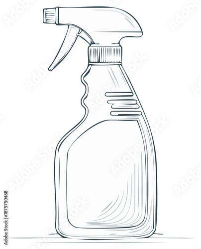 Outline drawing of an empty household cleaning spray bottle container sketch style graphic design element