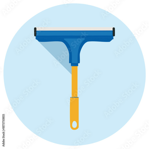 Blue and yellow squeegee cleaning tool vector illustration with long shadow on light blue circle