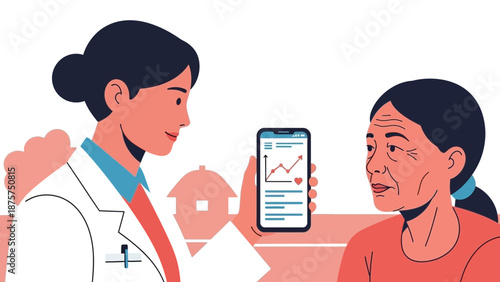 Female doctor showing medical data on smartphone to elderly woman