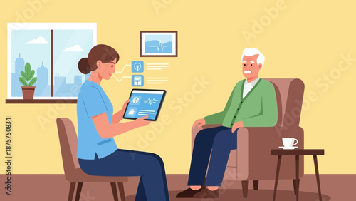 Healthcare professional consulting senior with digital tablet in cozy living room