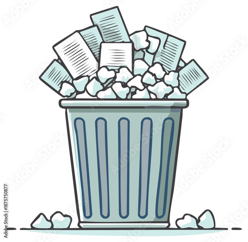 Overflowing trash can filled with crumpled papers and documents illustration