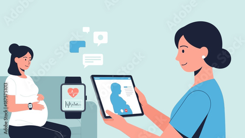Pregnant woman consulting healthcare professional with digital health monitoring