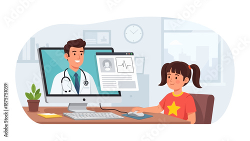 Young girl consulting with doctor online in modern home office setting