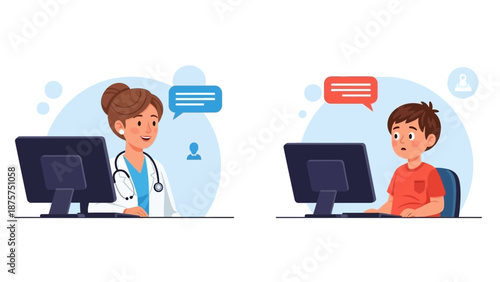 Female doctor and young boy in telemedicine consultation with speech bubbles
