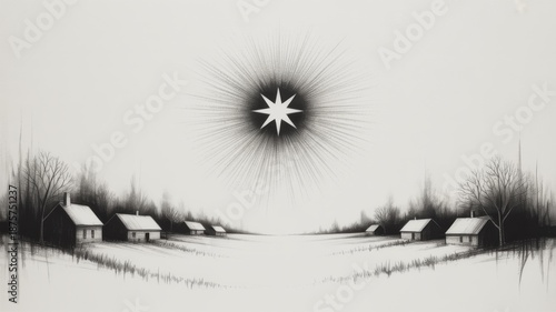 Symmetrical winter village with snow-covered houses and radiant central star, surrounded by dotted halo and framed by trees in a tranquil monochrome landscape.