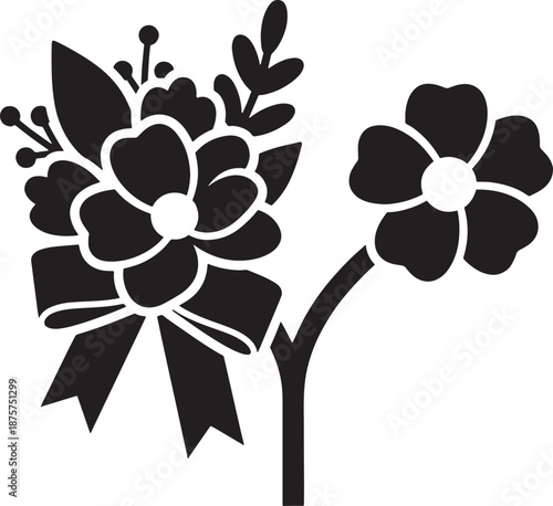 Black and white sketched of flowers with leaves and stems petals
