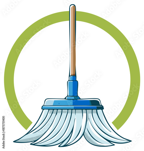 Vibrant Cartoon Mop Illustration Featuring Blue Head Wooden Handle and White Strands for House Cleaning