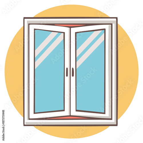 Modern white double window slightly open ajar with clear reflective glass cartoon illustration