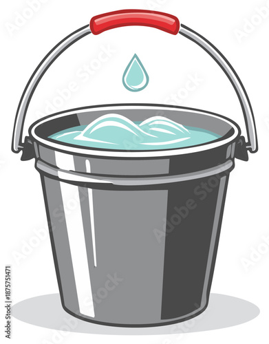 Metal bucket filled with water with a drop falling from above